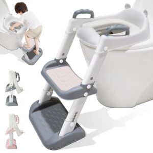 Potty Training Toilet Seat Toddler Toilets Seats Kids Steps Trainer with Stairs Splash Guard Baby Toilet Stool Soft Padded Toddlers Child Height Adjustable Non-Slip Childs WC Chair Step Ladder | Grey