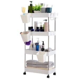 DOEWORKS 4-Tier Storage Cart with Wheels Rolling Utility Cart with Hanging Cups Multi-Purpose Storage Shelf Rack for Kitchen Bathroom Bedroom Office