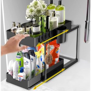 YunNasi Under Sink Storage Kitchen Organiser 2-Tier Pull Out Kitchen Storage Sliding Basket Cupboard Organiser Condiments Organiser Spice Racks Free Standing (1 Pack)