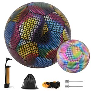 Aceshop Reflective Football Size 5 Holographic/Self-Lighting Glowing Reflective Soccer Balls Indoor Outdoor School Training Football Composite Leather Match Soccer Balls with Carry Bag and Pump