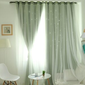 Mumustar 1 Panel Double-Deck Starry Crystal Blackout Voile Curtains Pencil Pleat 40'' Width X 78'' Drop For Bedroom Living Room Long Tulle Window Curtain Panel Sheer Drapes Shaded Window (Green)