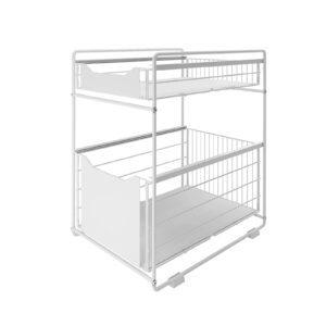 DAWNYIELD 2 Tier Organizer with Storage Drawer Under Sink Sliding Cabinet Pull Out Basket Rack Spice Rack Snack Organizer for Kitchen Bathroom Bedroom Counter Pantry Office -White