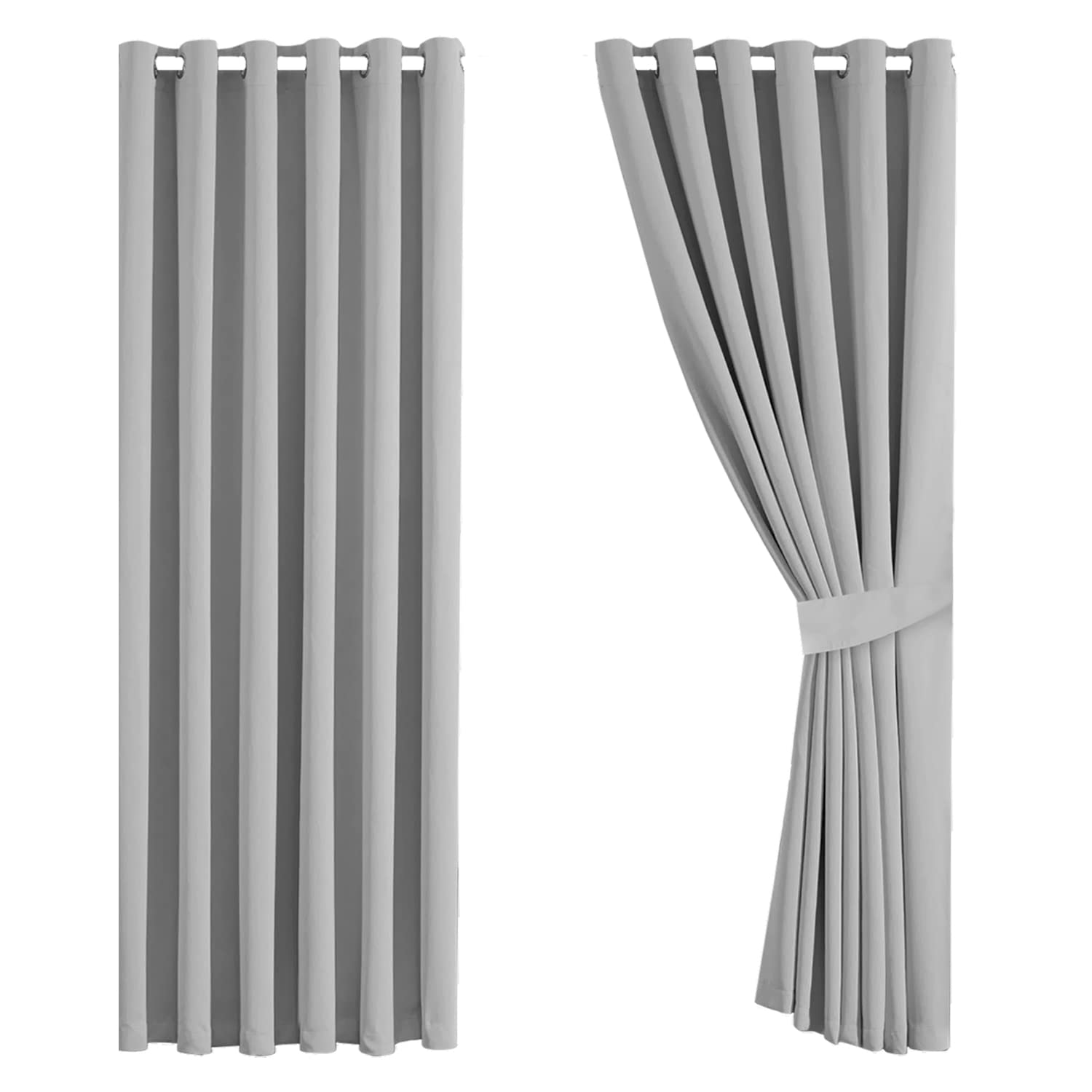 Aspire Homeware Blackout Curtains for Living Room - Light Grey Eyelet Curtains Bedroom Super Soft Window Treatments Ring Top Curtain with Tiebacks 66 x 72 Inch