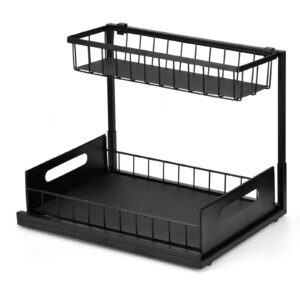Pull-Out Storage Baskets - 2 Tier Under Sink Kitchen Organizer Rack Metal Black for Food