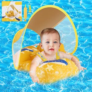 Baby Swimming Float Inflatable Baby Pool Float with Sun Canopy Baby Swimming Ring Baby Floats for Swimming Adjustable Toddler Swimming Float Safety Baby Swim Float Newest Baby Floats for 3-72 Months