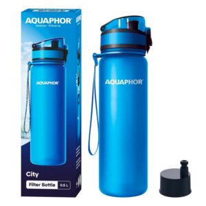AQUAPHOR City Bottle 500ml Blue I Bottle with water filter for travel I Filter with activated carbon I Filters chlorine & impurities I Made of Tritan & BPA-free