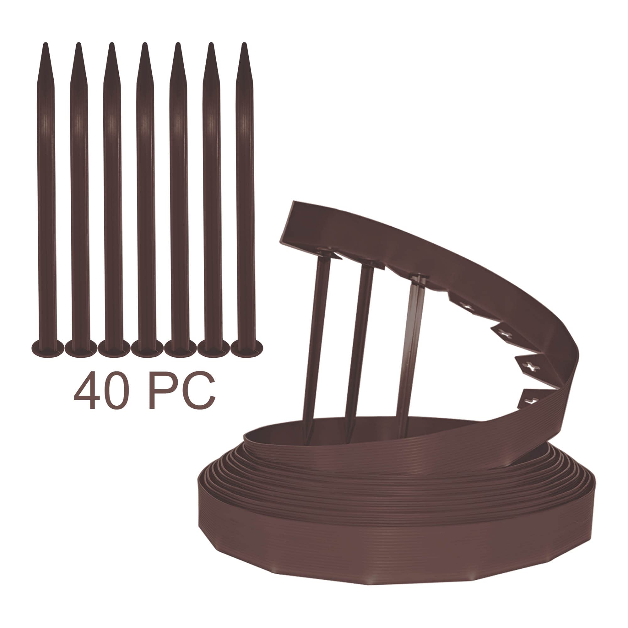 Ram® Brown 10M Metre Flexible Plastic Lawn Edging Border Fence With 40 Securing Pegs