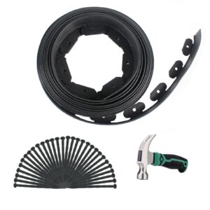 BeGrit 10m Flexible Lawn Edging Plastic Garden Edging Borders Black 5CM High Palisade Edging Border with 30 Super Strong Securing Pegs & Hammer for Flowerbed Grass Lawn Path Landscape