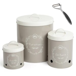 Katai - 3-Piece Vegetable Tin Set for Storage & Organisation - Metal Farmhouse Kitchen Containers for Potatoes