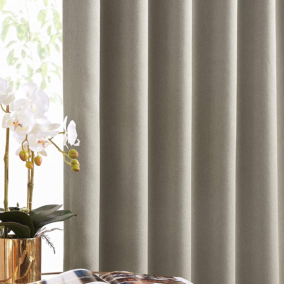 Tan Full Blackout Eyelet Curtains for Bedroom 52 x 72-inch Drop Thermal Insulated Energy Efficient Taupe Curtain Panels Innovative Triple Weave Room Darkening Window Draperies for Living Room