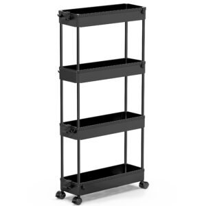 SPACEKEEPER Storage Trolley 4-Tier Slide Out Storage Cart Rolling Utility Cart Storage Shelf Rack on Wheels Trolley Organizer for Office