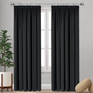 Imperial Rooms Blackout Curtains Pencil Pleat Black Curtains for Bedroom 66 x 72 Inch Drop - Super Soft Thermal Insulated Tape Top Living Room Window Curtain & Drapes Pair Panel + Tiebacks