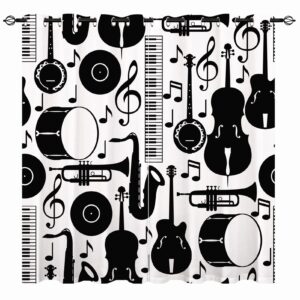 YUANZU Music Blackout Curtains - Jazz Music Black White Note Musical Instruments Print Pattern Eyelet Thermal Insulated & Room Darkening Window Drapes for Bedroom Living Room 2 Panels W75cm x D166cm