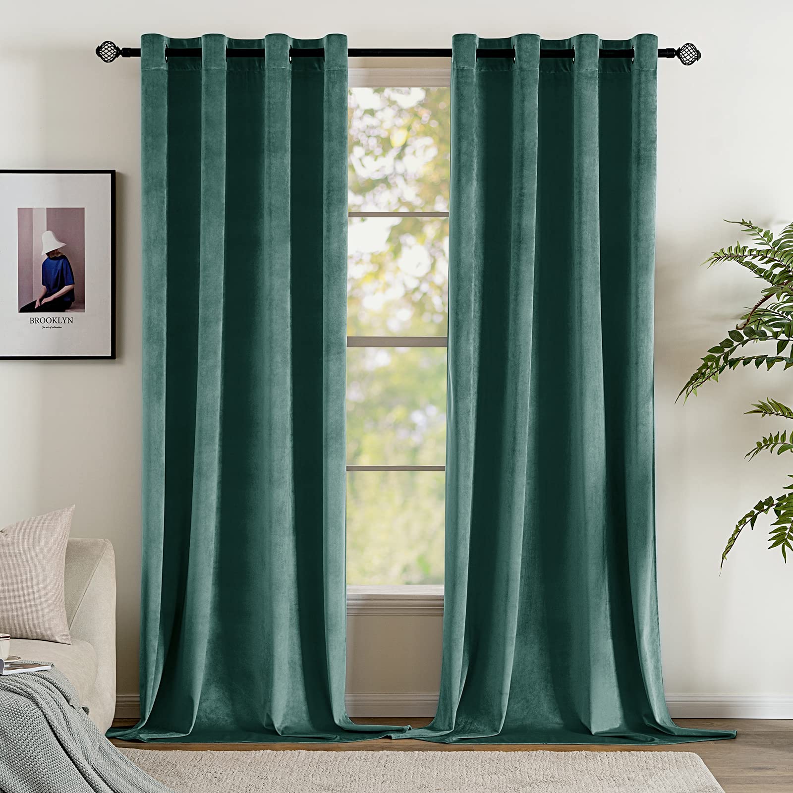 EMEMA Velvet Blackout Curtains Thermal Insulated Curtain Pair Eyelet Room Darkening Drapes for Living Room Kids Bedroom 46" W x 54" L 117x137 cm 2 Panels Dark Gree