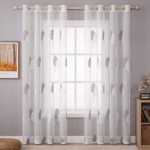 MIULEE Leaves Embroidery Sheer Curtains Christmas Decoration Grommet Window Curtain Semi Voile Drapes with Eyelets Window Treatments for Living Room Bedroom Big Leaves Grey 2 Panels 55" W x 85" L