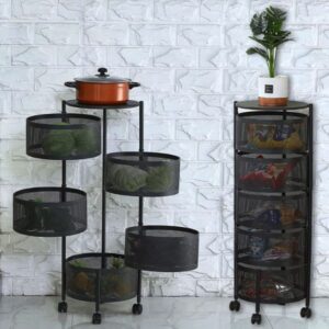 mosegor 5 layer Kitchen Rotating Storage Rack 360° Rotating Storage Shelves Fruit Vegetable Rack Storage Trolley on Wheels with Hollow Mesh Baskets
