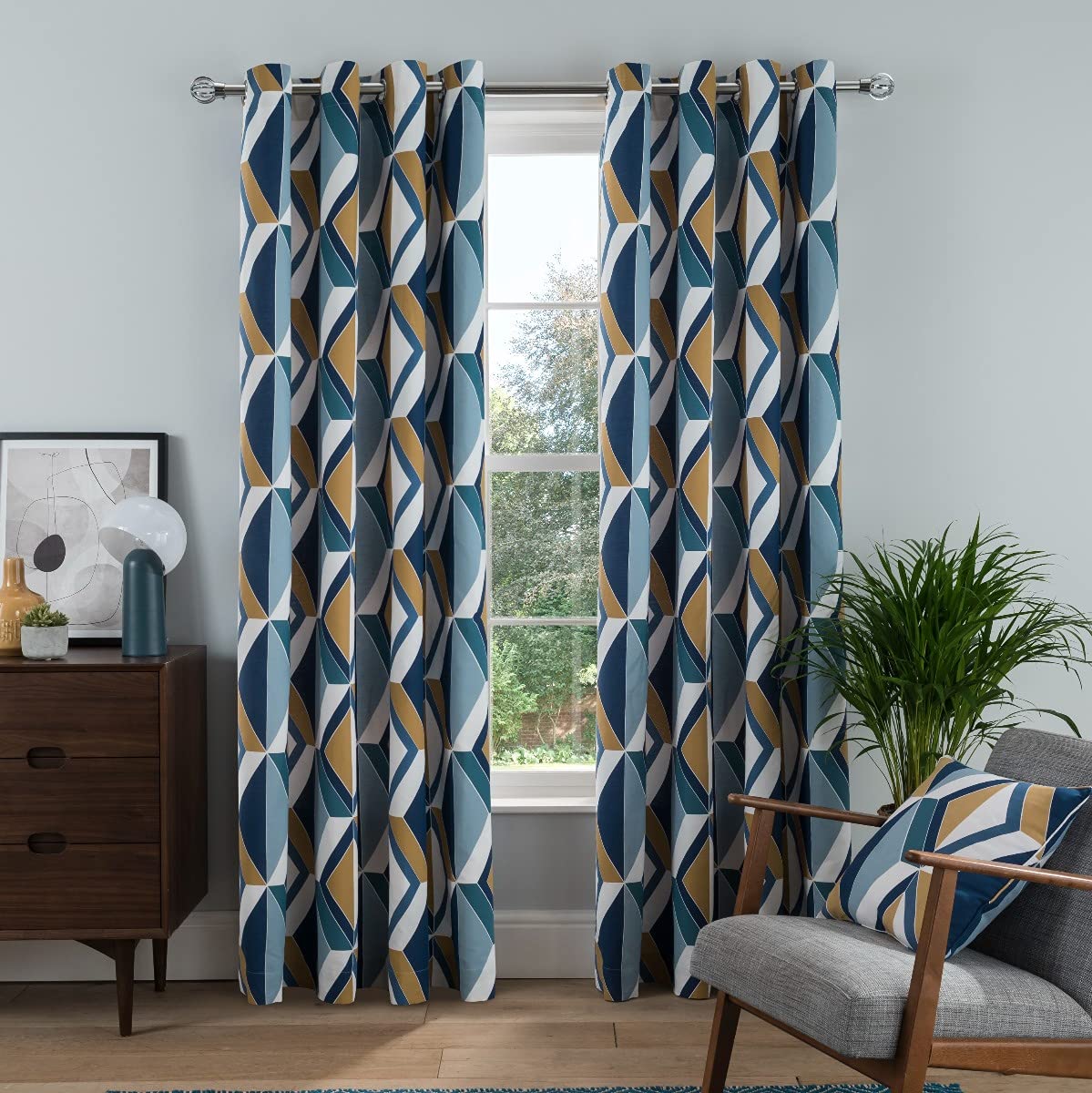 Sleepdown Printed Large Diamond Geo Eyelet Curtains for Bedroom and Living Room - 90 x 72 Inch - Navy