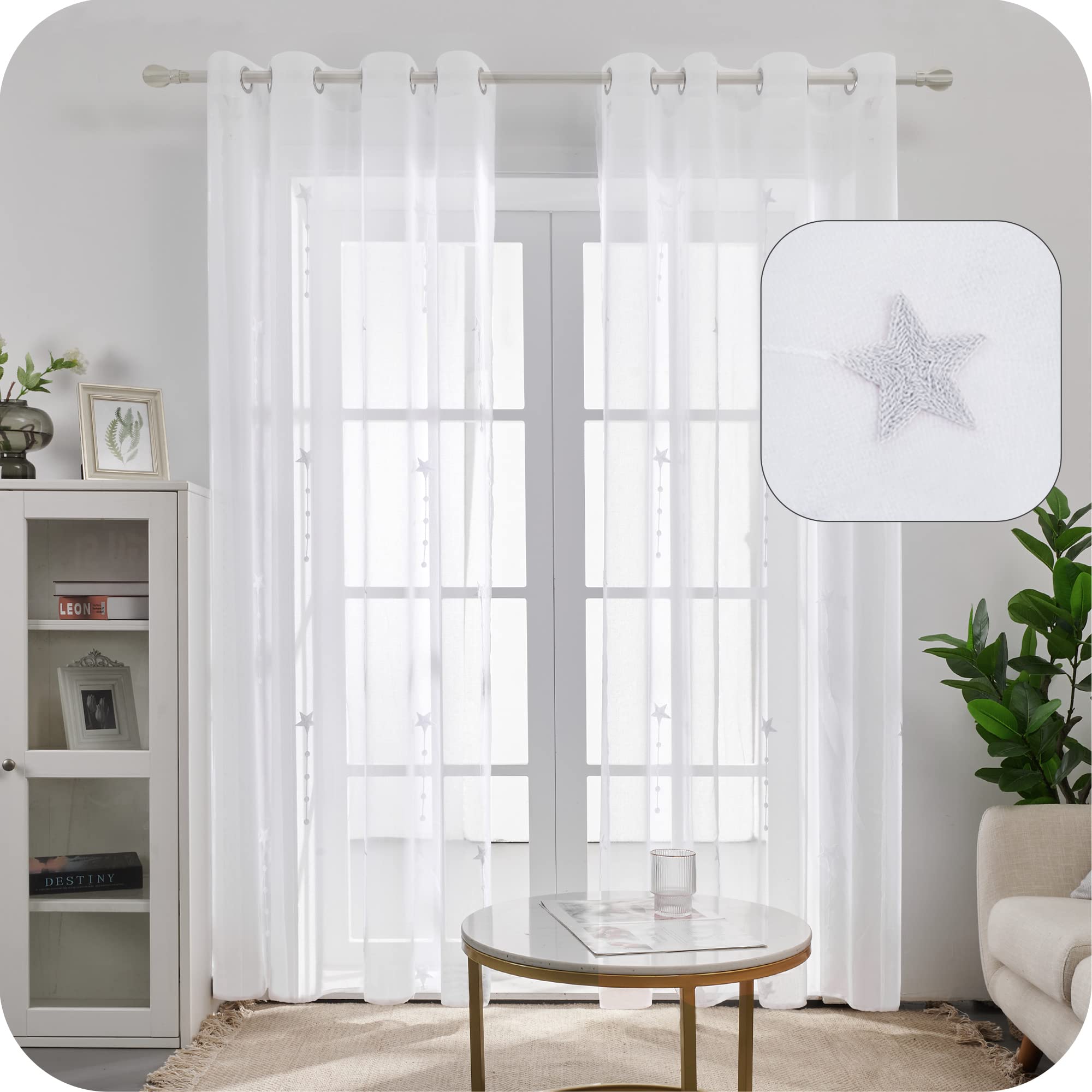 Amazon Brand - Umi Embroidered Wheat Ears Pattern Sheer Curtains Eyelets Linen Effect Voile Curtains Super Soft Net Curtains for Living Room 55 x 114 White Two Panels