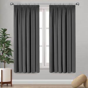 Imperial Rooms Blackout Curtains for Living Room - Grey Bedroom Pencil Pleat Curtains & Drapes 66 x 54 Inch Drop Thermal Insulated Super Soft Black Out Window Curtain Pair Panels with Tiebacks
