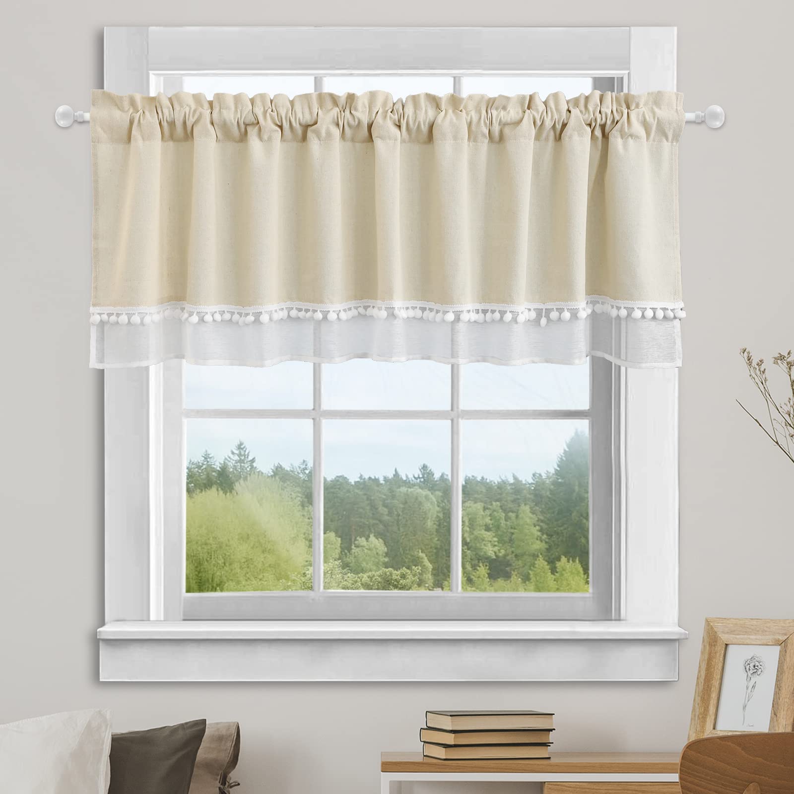 ArtisticHome Beige Linen Short Curtain with Pompom