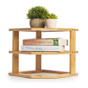 Bamboo 3 Tier Corner Shelf | Kitchen Cupboard Storage Organiser | Stacking Shelf | Worktop Tidy | Plate Rack | Space Saving Unit | Mini Shelf | M&W