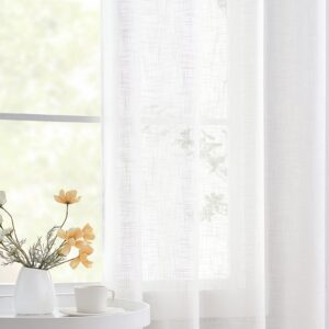 Semi Sheer White Curtains 90inch Length Linen Curtain Panels for Living Room Bedroom Window Drapes Burlap Textured Privacy Window Treatment Set Grommet Top 52" w 2 Pcs