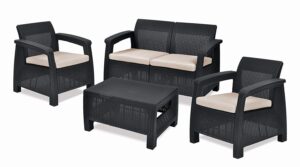 Keter GF06784 Corfu Outdoor 4 Seater Rattan Sofa Furniture Set with Accent Table - Graphite with Cream/Mushroom Cushions