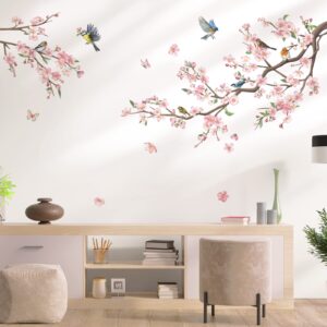decalmile Flower Branch Wall Stickers Pink Blossom Floral Birds Wall Decals Kids Bedroom Living Room Window Wall Deco