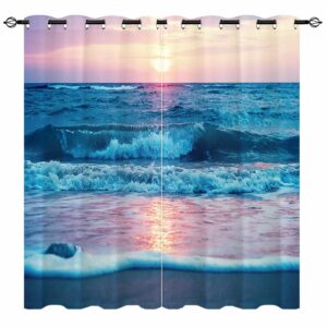 YUANZU Wave Sunrise Curtains - Beach Tropical Ocean Sea Foam Seaside Nature Scenery Pattern Eyelet Thermal & Room Darkening Blackout Window Drapes for Bedroom Living Room 2 Panels W117cm x D137cm