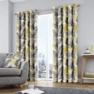 Fusion - Tropical - 100% Cotton Pair of Eyelet Curtains - 66" Width x 72" Drop (168 x 183cm) in Ochre