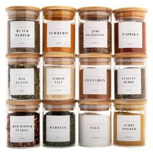 Livabl Bamboo Spice Jars with lids and Labels (200ml 12 pack) Glass Storage Jars with Bamboo Lids