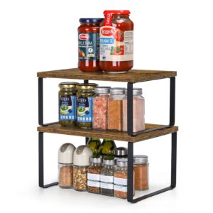 UOMIO Kitchen Cupboard Organisers Set of 2 Spice Racks Insert in Cupboard and Cabinet Expandable and Stackable Wooden Condiment Can Food Storage Shelves with Metal Frame 2 Packs