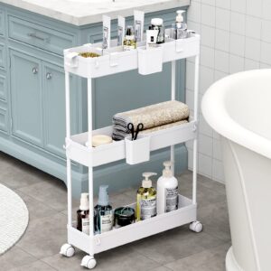 SPACEKEEPER Storage Trolley 3-Tier Rolling Utility Cart Storage Organization Slide Out Shelving Unit for Tight-Space Solution with Extra Accessories of Two Small Containers & Hooks White