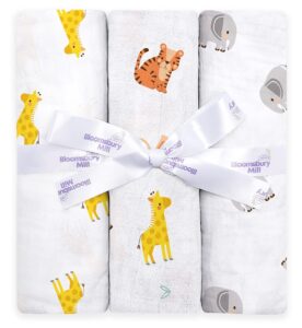Bloomsbury Mill - Pack of 3 – Muslin Cloth for Baby Swaddles - 100% Pure Organic Cotton Muslin Baby Blanket in Gifting Ribbon – Baby Essentials for Newborn – Jungle Animal Cubs - 120cm x 120cm