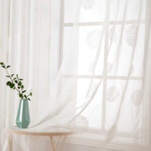 MIULEE Embroidery Sheer Curtains Decoration Flora Design Grommet Window Curtain Semi Voile Drapes with Eyelets Window Treatments for Living Room Bedroom 2 Panels 55" W x 88" L White