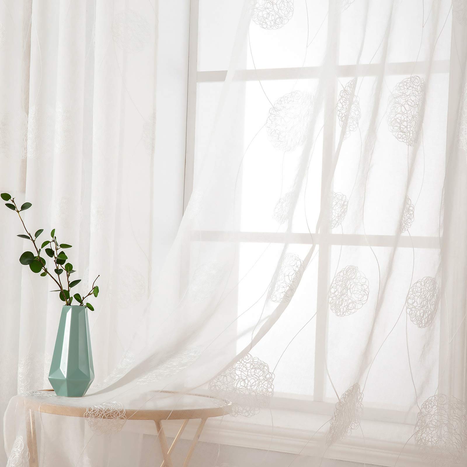 MIULEE Embroidery Sheer Curtains Decoration Flora Design Grommet Window Curtain Semi Voile Drapes with Eyelets Window Treatments for Living Room Bedroom 2 Panels 55" W x 88" L White