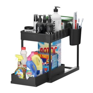 HOME & TREAT Under Sink Storage Shelf Organizers with Sliding Pull Out Drawer | Multi-Purpose Kitchen Bathroom Slim Organizer Bins Rack | 2 Tier Cabinet Basket Shelf with Hooks (Black