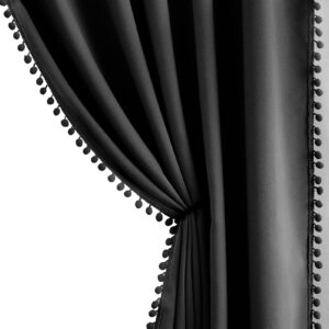 Black Pom Pom Curtains for Bedroom Living Room 90 Inch Triple Weave 100% Blackout Window Curtain Panels for Hotel Men's Guest Room Darkening Pencil Pleat Tape Top Decorative Cute Drapes 50" w 2pcs
