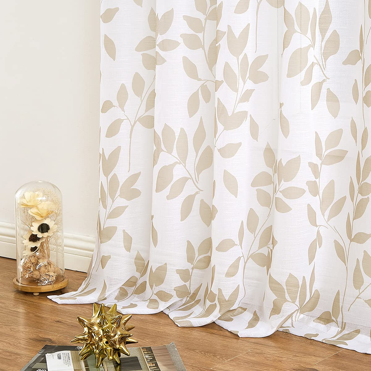 Leaf White Sheer Curtains for Bedroom 50 x 72 Inch Taupe Leaves Print Privacy Light Filtering Voile Curtain Panels Rustic Botanical Linen Textured Eyelet Semi Sheer Drapes for Living Room Office 2pcs