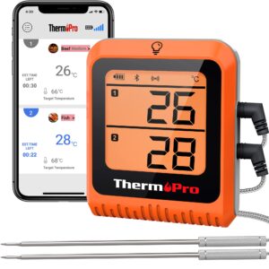 ThermoPro TP25H2 150M Wireless Bluetooth BBQ Meat Thermometer Wireless Meat Thermometer Rechargeable with Smart APP Dual Temperature Food Probes for Cooking Grilling Oven Smoker Turkey Beef