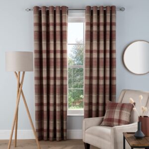 Sleepdown Woven Brushed Check Eyelet Lined Curtains for Bedroom and Living Room 66 x 90 Inch Wine 2 Panels