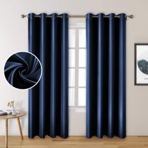 HOMEIDEAS 2 Panels Faux Silk Curtains Navy Blackout Curtains 52 X 84 Inch Drop Room Darkening Satin Curtains for Bedroom