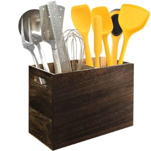 Wooden Utensil Holder Bamboo Organiser Kitchen Utensils Cutlery Holder with 2 Compartments