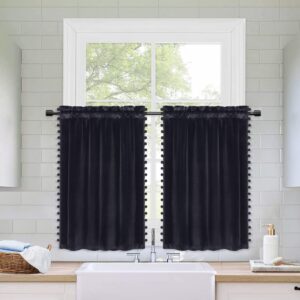 CAROMIO Cafe Curtains 24Inch Velvet Fabric Short Curtain Tiers for Kitchen Windows Black Boho Pom Pom Small Window Curtain Soft Luxury Home Decor Room for Bedroom