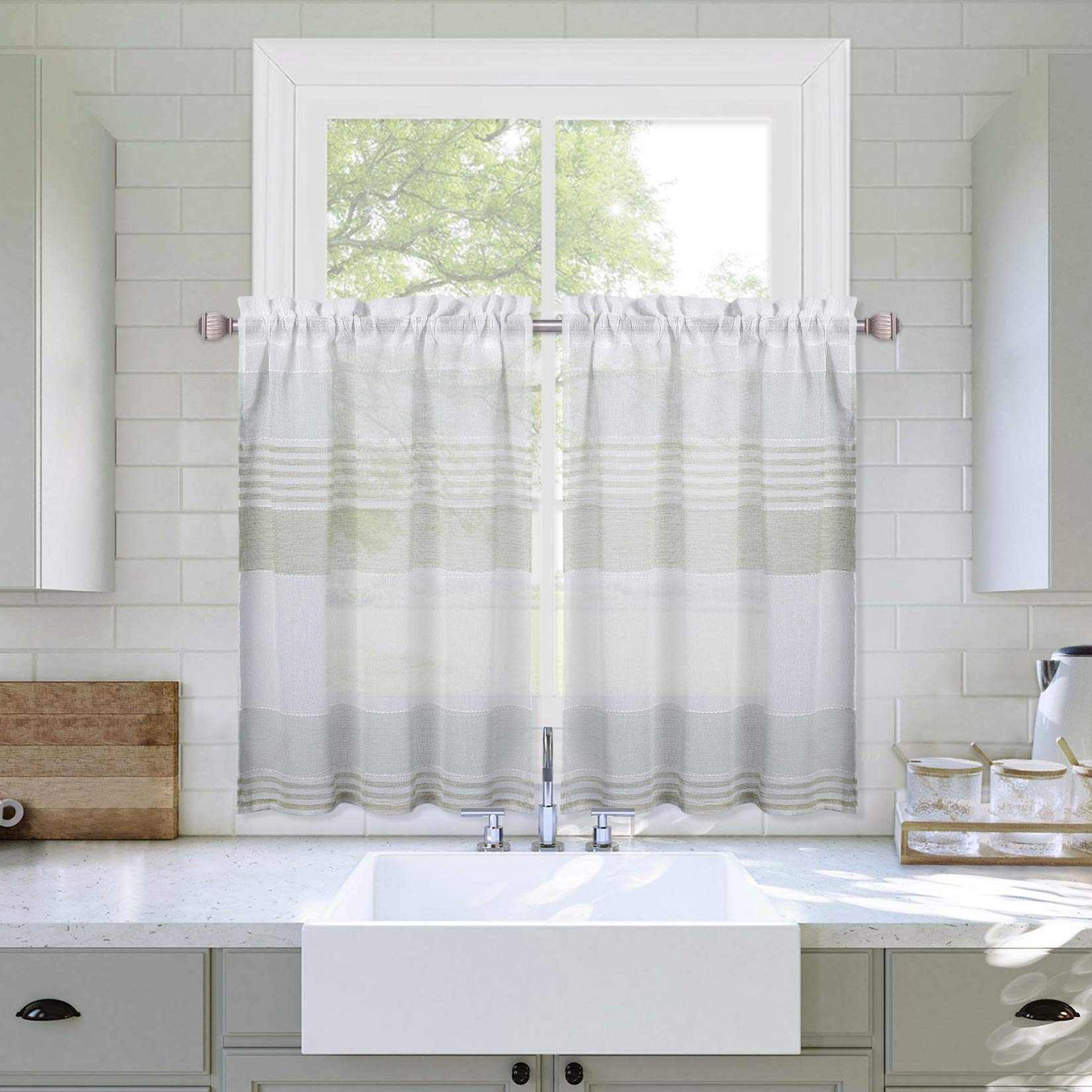 LinTimes Voile Curtains Decorative Striped Splicing Semi Yarn Dyed Transparent Half Window Treatment Sheer Cafe Small Kitchen Curtains