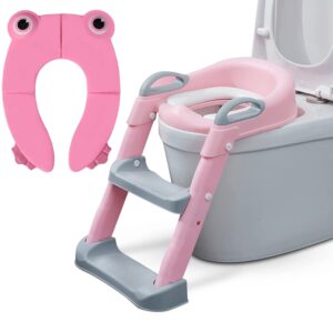 Toilet Potty Training Set of 2 for Girls - Pink Training Toilet Step Stool and Portable Travel Toilet Seat Cover - Potty Chair and Travel Potty for Toddlers