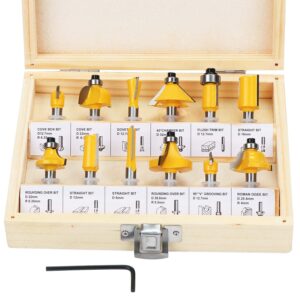 HSEAMALL 12 PCS 6.35mm 1/4 Inch Shank Tungsten Carbide Tipped Router Bit Set with Wrench