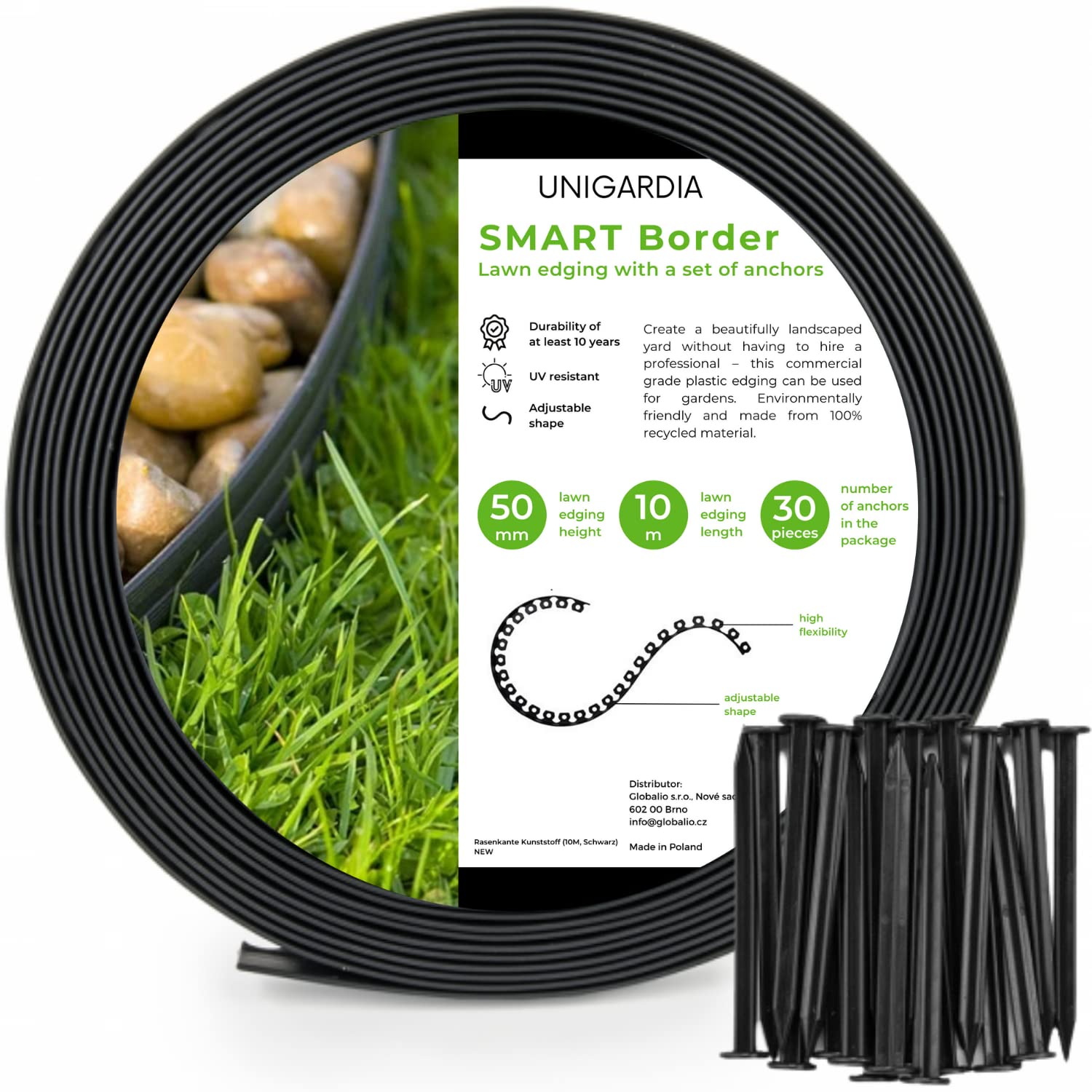 Flexible Lawn Edging 10 m with 30 Securing Pegs - Plastic Garden Edging Border - Easy Installation - Height 5 cm