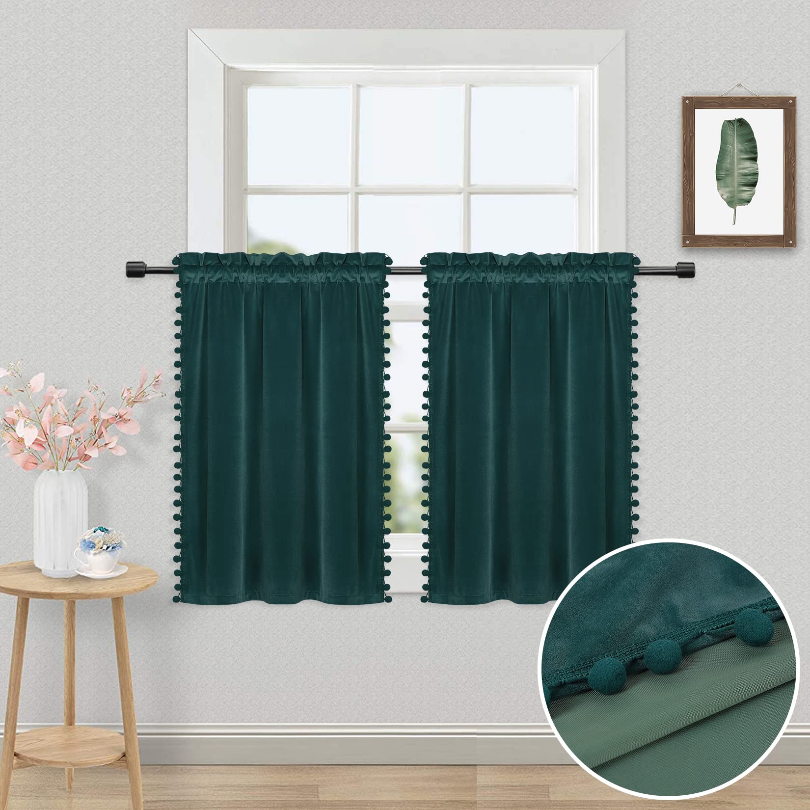 CAROMIO Christmas Blackout Curtains Velvet Kitchen Curtains Christmas Green Short Curtain Tiers Half Curtains for Small Windows Kitchen Tier Curtains for Christmas Bedroom