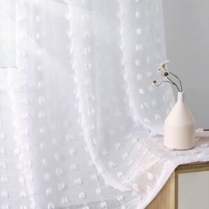 Extra Long Curtains for Living Room White Net Curtains Sheer Voile Curtans Drapes for High Ceiling Patio Garden White Textured Curtain with Pom Pom Tufted Shabby Chic Boho Design Rod Pocket 55 x 102